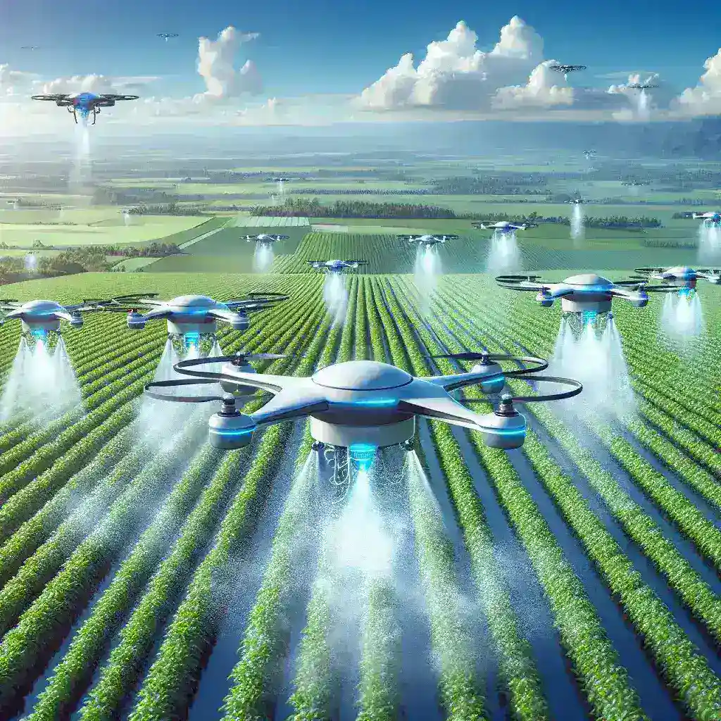"Drone agrícola realizando pulverização inteligente em campos de cultivo, destacando as inovações no mercado de drones para agricultura."